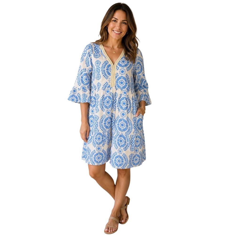 Saiph Lab Santorini Blue White Cotton Crochet Mini‎ Dress S NWOT
